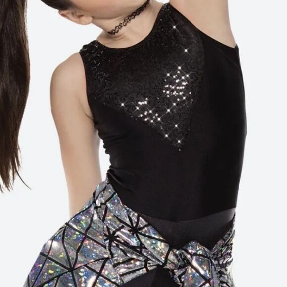 Girls LC Revolution Dancewear Unitard Black Holographic Foil Sequins Leotard - Picture 2 of 11